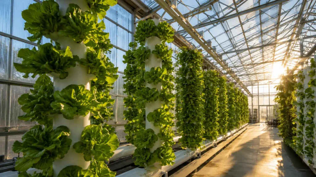 Glass greenhouse interior with vertical grow tubes and natural sunlight — modern approach to solve vertical farming energy problem