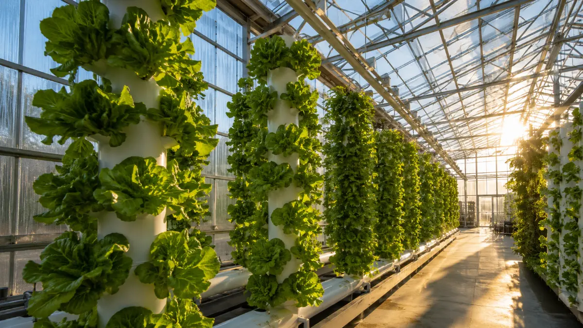 Glass greenhouse interior with vertical grow tubes and natural sunlight — modern approach to solve vertical farming energy problem
