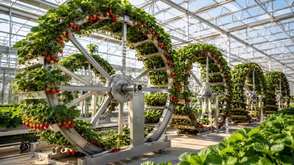 Rotating vertical growing structures inside a hybrid glass greenhouse, one of the key vertical farming trends in 2026