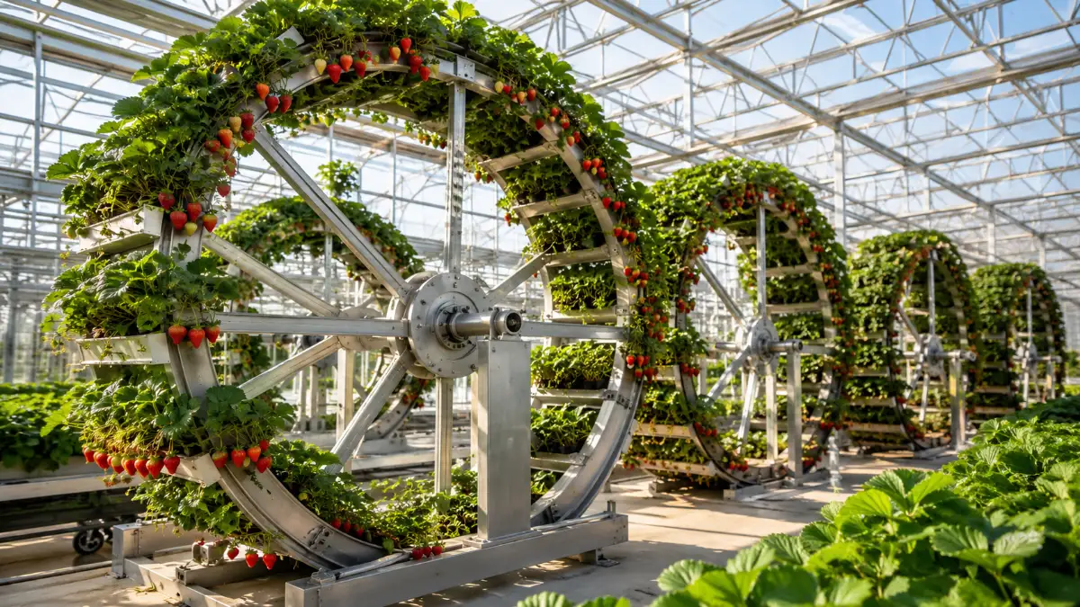 Rotating vertical growing structures inside a hybrid glass greenhouse, one of the key vertical farming trends in 2026