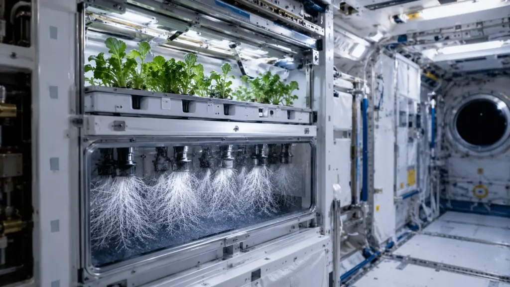 Potential Freya's Aeroponic plant growth module aboard a space station — concept illustration showing aeroponic roots with mist in a transparent chamber, green leafy plants above, ISS-style interior in background