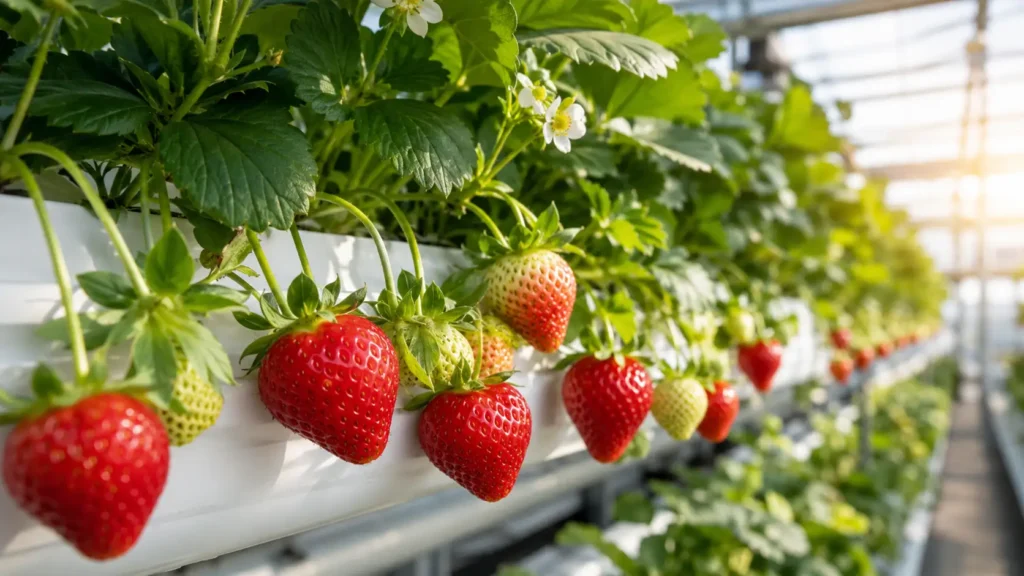 Oishii like strawberries, Hydroponic strawberry plants with ripe red berries growing in a modern vertical farming greenhouse