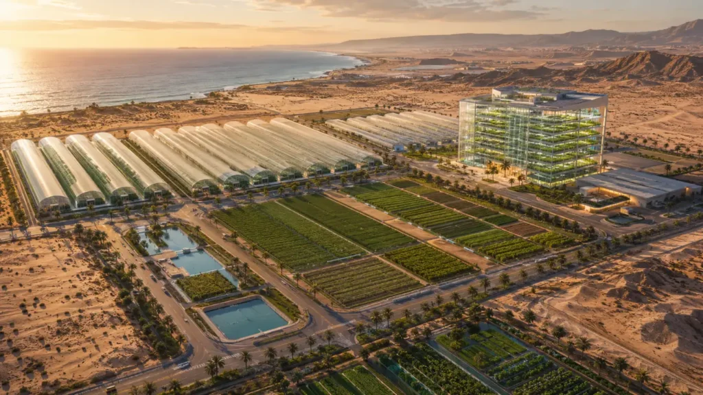 Vertical farming Oman concept showing a smart agricultural cluster with greenhouse and indoor growing sections near Quriyat, AI generated symbolic image