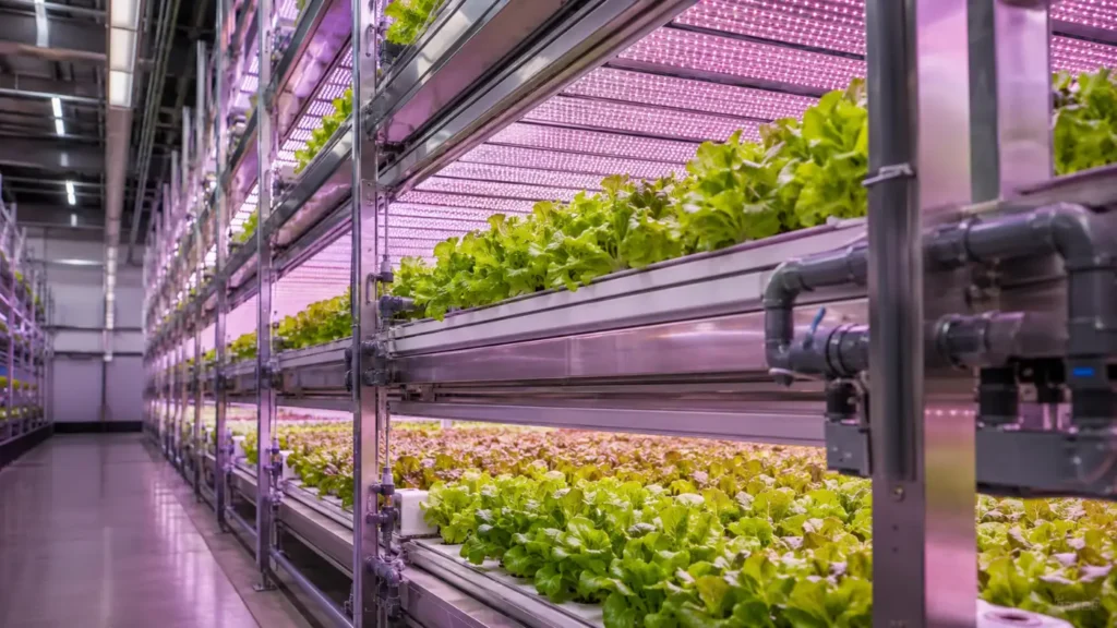 Indoor vertical farm with hydroponic lettuce under LED lights, closed water system used as a food safety solution to the 2026 Cyclospora outbreak