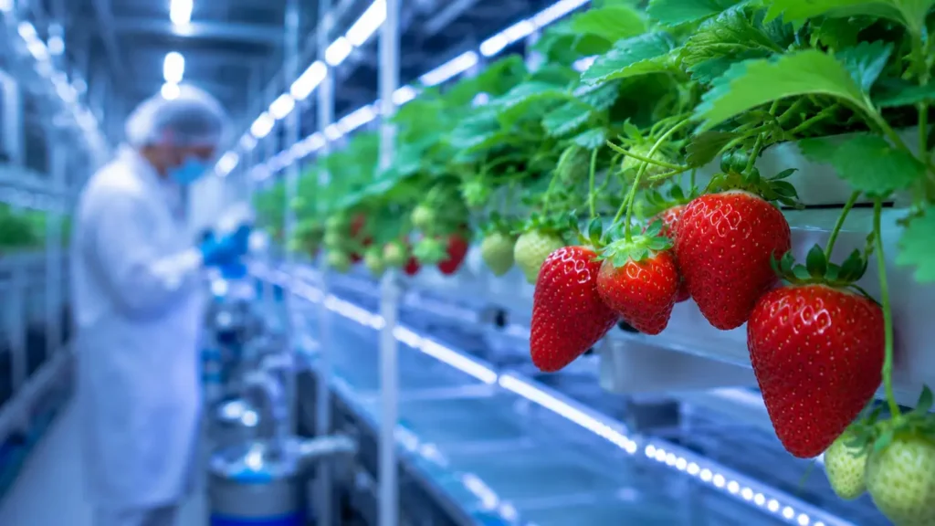 Vertical farming food safety: strawberries growing in a closed-loop hydroponic CEA system under LED lights
