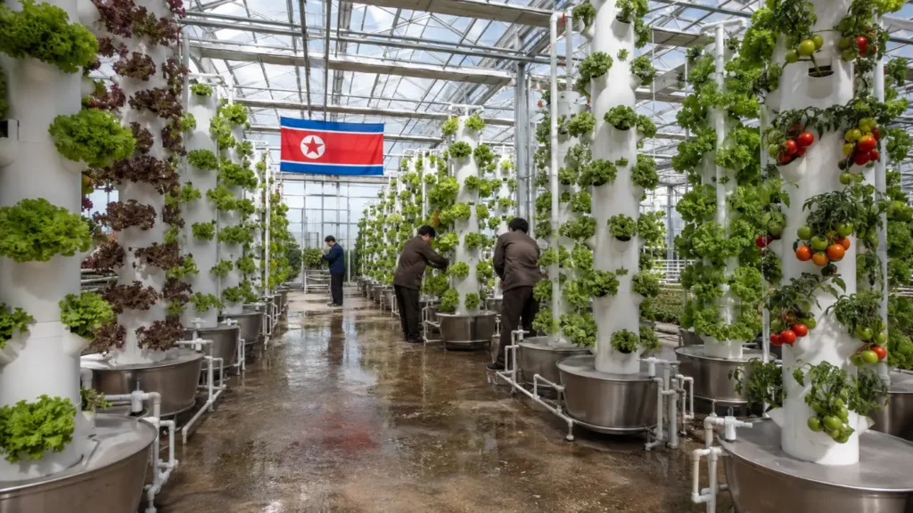 Sinuiju AI-generated illustration of vertical hydroponic greenhouse towers with lettuce and tomatoes