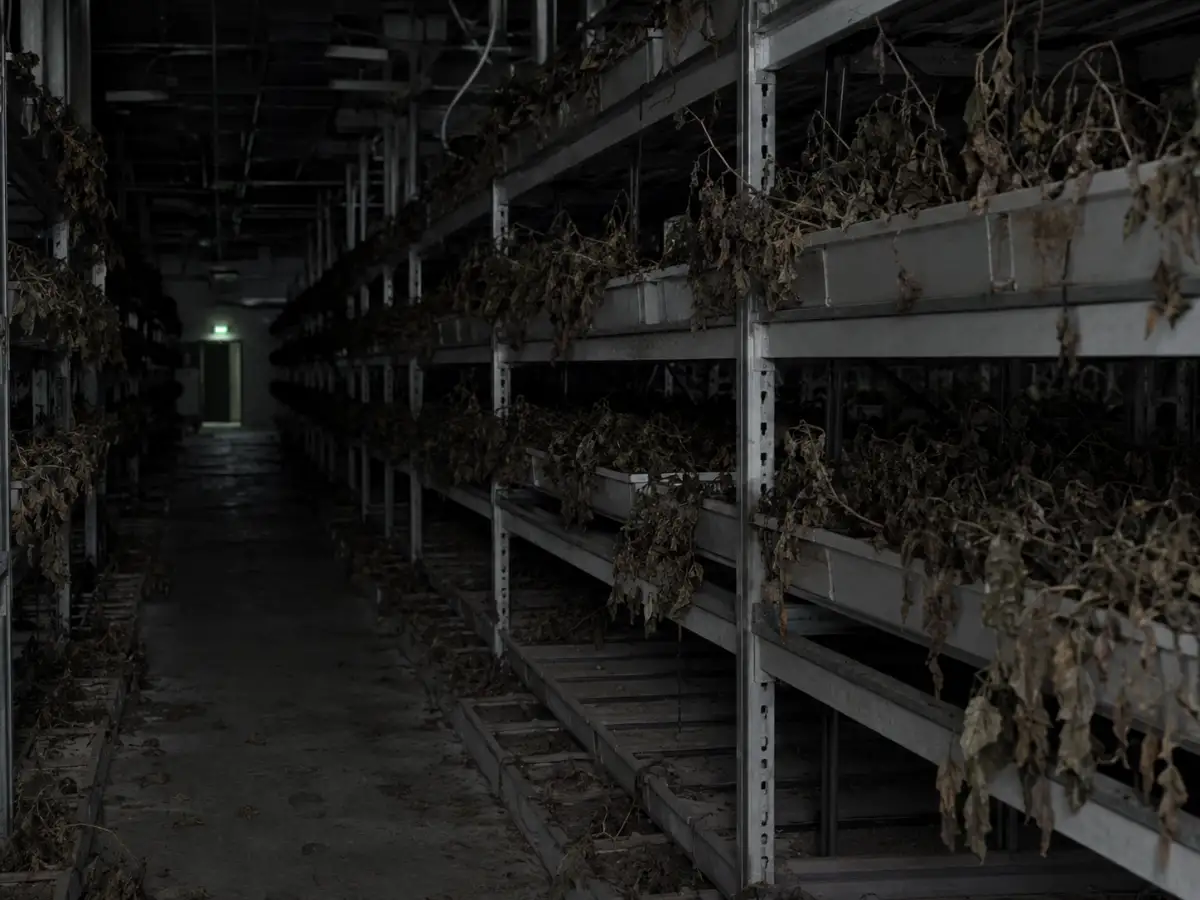 AI-generated visualization of a darkened, powered-down vertical farm with dried-out, wilted plants left in the growing trays