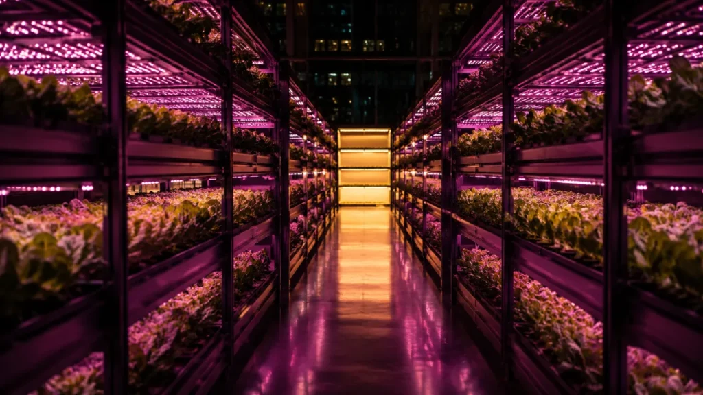 Symbolic AI-generated image of an indoor vertical farm with LED-lit growing shelves, representing the path to profitability in North American vertical farming