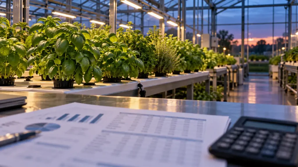 Illustration: potted herbs in a hydroponic greenhouse with a financial report in the foreground, symbolizing Edible Garden's SEC filings