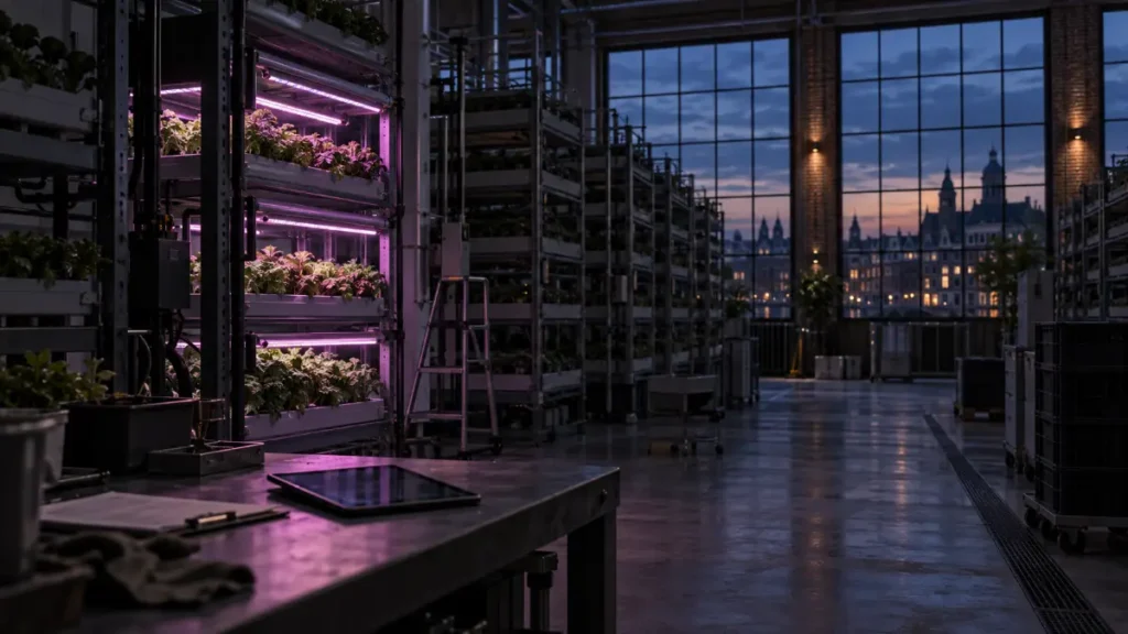 Infinite Acres declares bankruptcy, Symboly AI image, Darkened vertical farming grow racks with fading LED lights inside an empty Dutch indoor farm facility at dusk