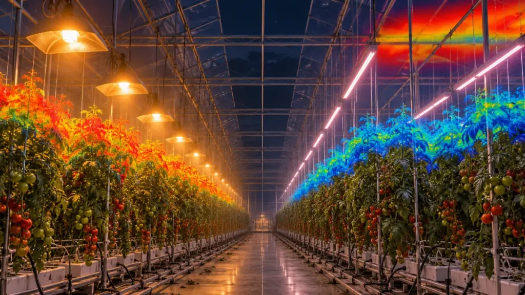 Tomato crop in a greenhouse split between HPS and LED lighting, with a thermal overlay showing warmer crop heads under HPS and heat collecting above the crop under LED. Image AI generated.