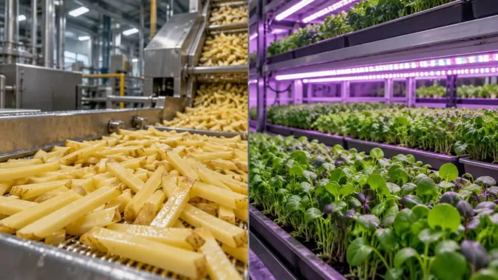McCain Foods frozen potato products next to GoodLeaf Farms fresh leafy greens, representing McCain's investment in vertical farming, Symbolic AI generated Image