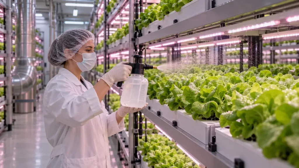Grower spraying lettuce on stacked LED-lit shelves inside an indoor vertical farm