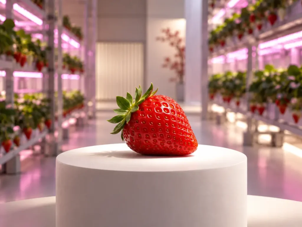 Oishii Farm indoor strawberry on a pedestal in a vertical farm, symbolising Japan’s 2026 agricultural startup award