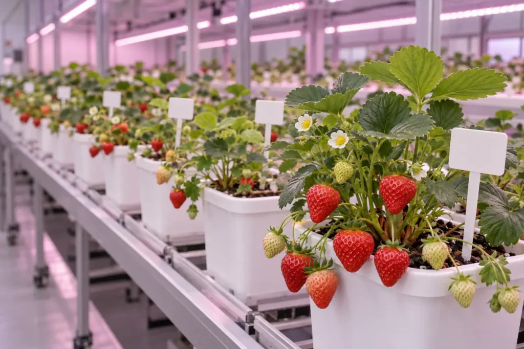 Rows of different strawberry varieties under LED light in an indoor research room, illustrating variety screening for vertical farming (AI-generated image)