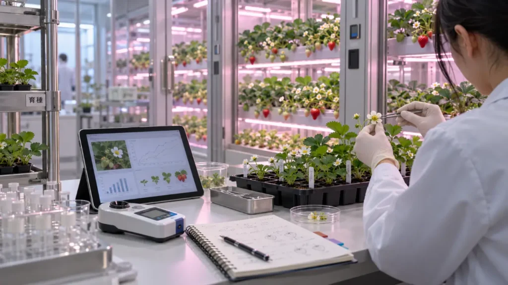 Vertical farming research in Japan: strawberry seedlings in trial trays and LED growth chambers in an indoor research lab (AI-generated illustration)